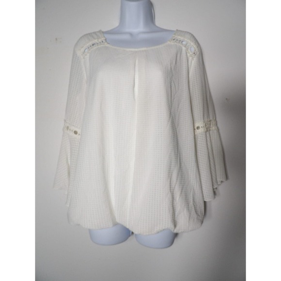 AB Studio Large Tunic Top White Boho Bell Sleeve Eyelet Lined Pleated Hippie Pea - Picture 1 of 11